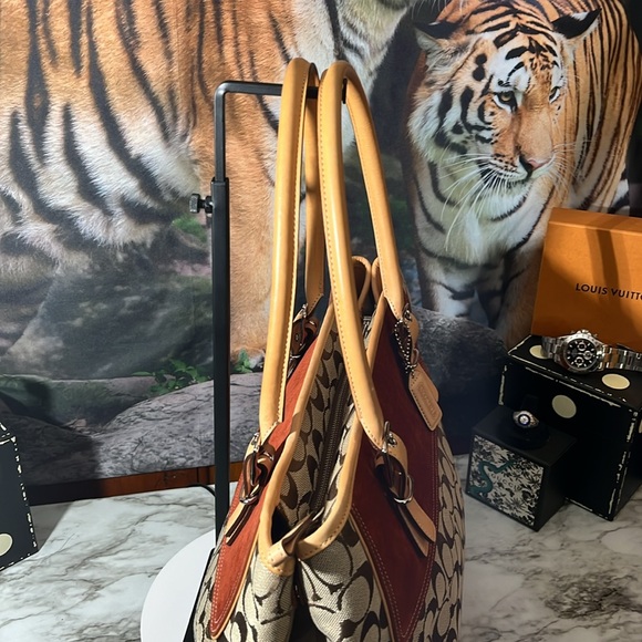 Coach VINTAGE Signature Tote Zip Top Canvas Fabric Rust Suede Top Handle Bag EUC - Picture 4 of 16